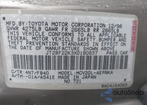 1999 Toyota Camry Le V6 z USA, uszkodzony, nr VIN JT2BF22K3X0180837